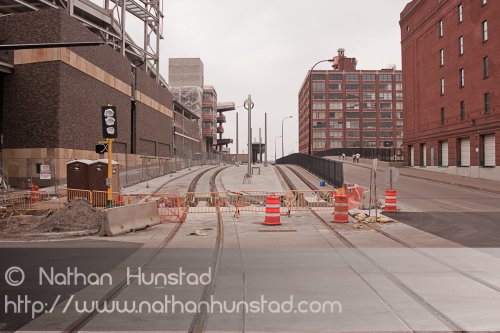 Construction on the Hiawatha LRT extension to Target Field.